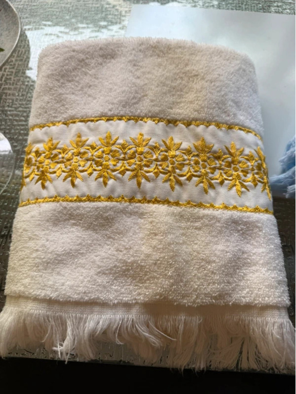 Vintage White Terry Guest Towel with Gold Floral Embroidery & MCM Bathroom Decor